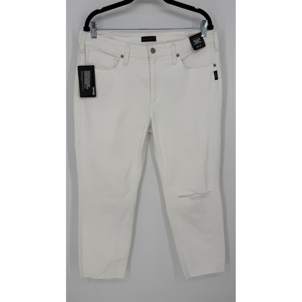 SILVER JEANS WHITE MOST WANTED STRAIGHT CROP JEANS DISTRESSED RAW HEM NWT 34